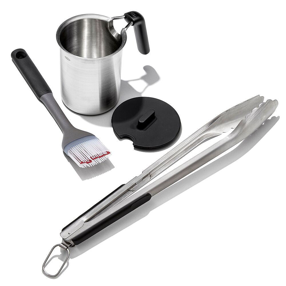 Grilling Basting Pot and Brush Set & Grilling Tongs with Built-In Bottle Opener Bundle S5