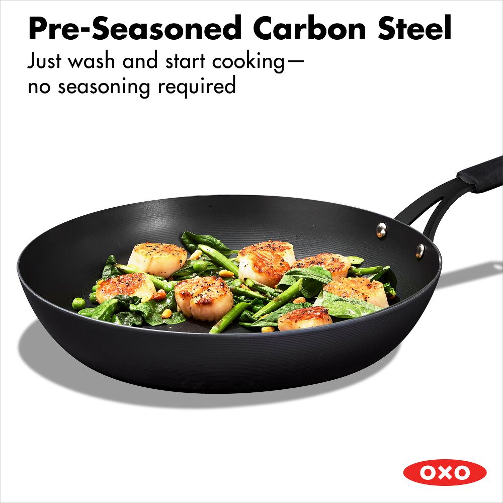 OXO Carbon Steel Obsidian Series 12-Inch Frypan with Silicone Sleeve H8
