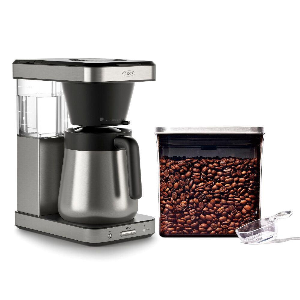 8-Cup Coffee Maker & Steel Coffee POP Container (1.7 Qt) with Scoop Bundle T9