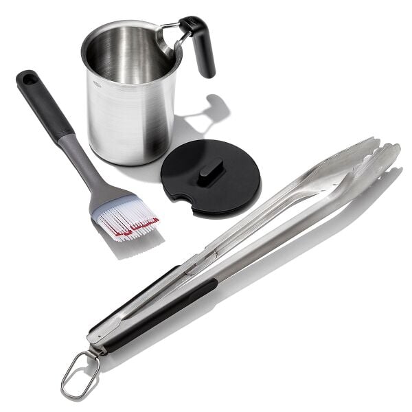 Grilling Basting Pot and Brush Set & Grilling Tongs with Built-In Bottle Opener Bundle S5