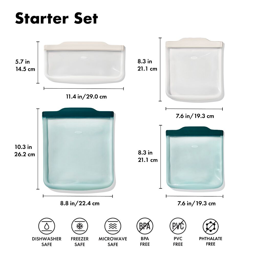 Silicone Reusable Bag - 4 Piece Starter Set - Oat/Lagoon B6